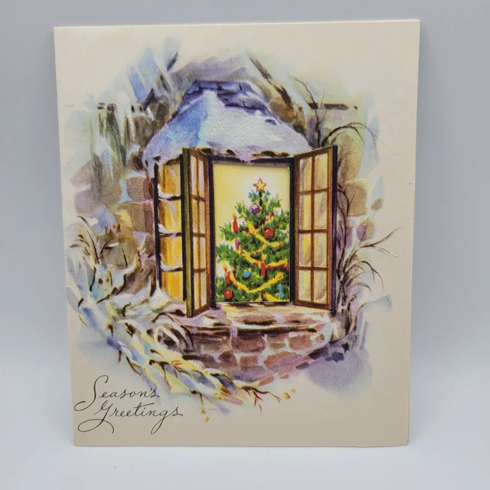 Vintage Christmas Card Season's Greetings Decorated‎ Tree Window Unused